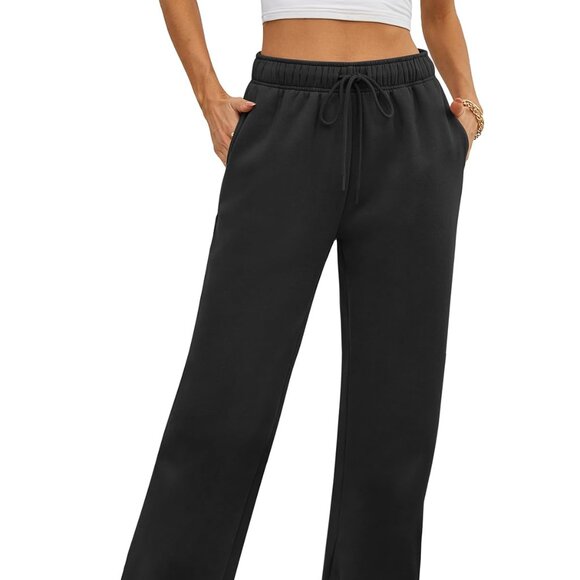 Y2K Fleece-Lined Wide Leg Sweatpants | Black High-Waist Straight Joggers - Picture 1 of 7
